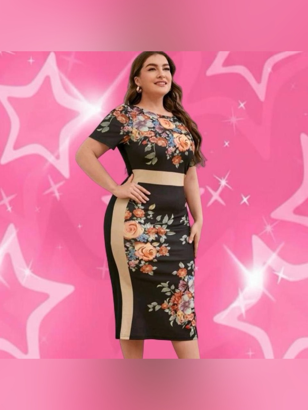 Floral Black Pencil Skirt with Beige Panel